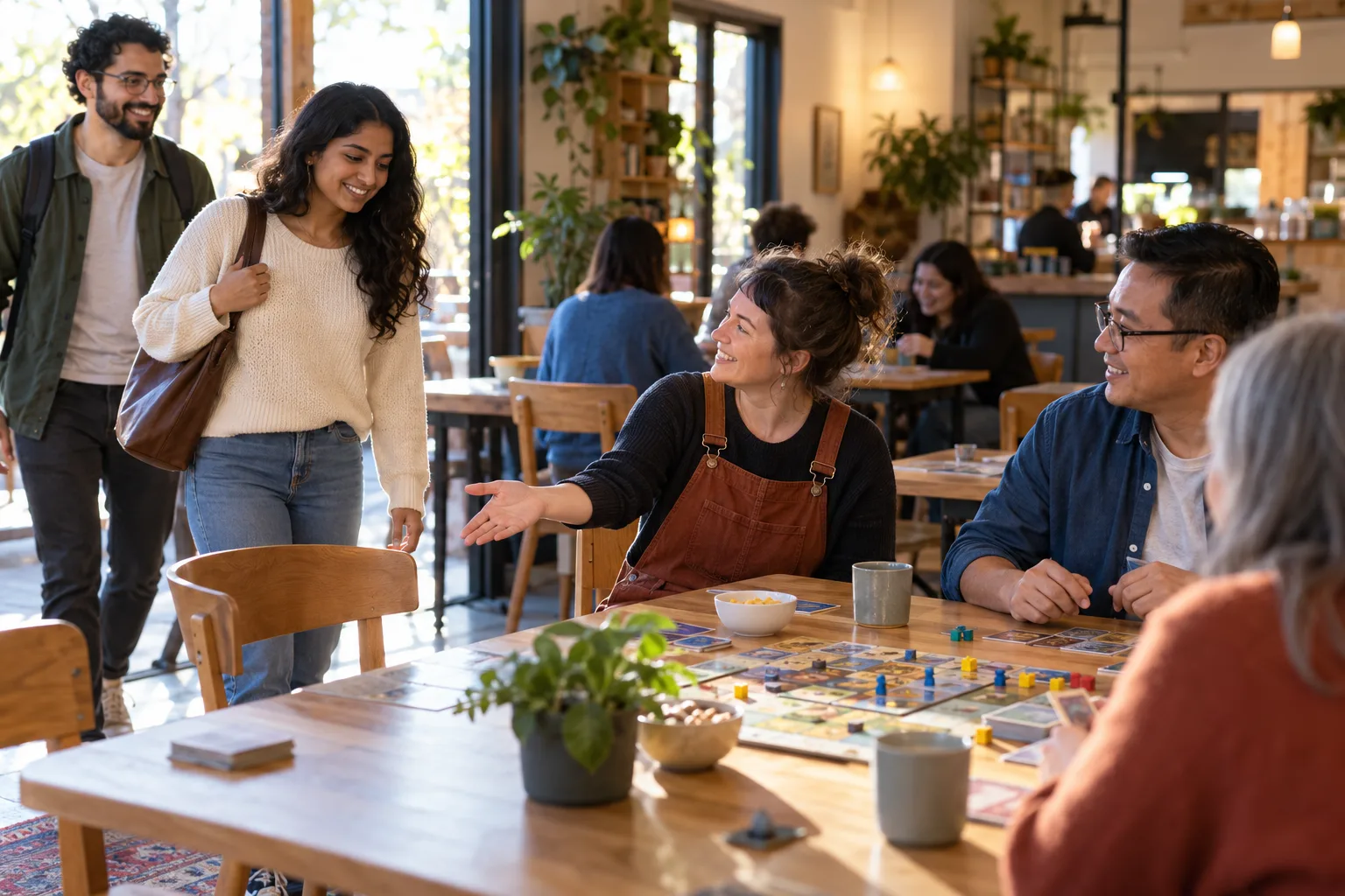 A host welcoming two adults arriving at a relaxed board-game social