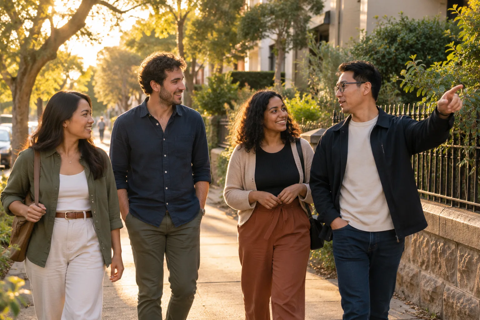 Four adults continuing a friendly conversation while walking together after an activity