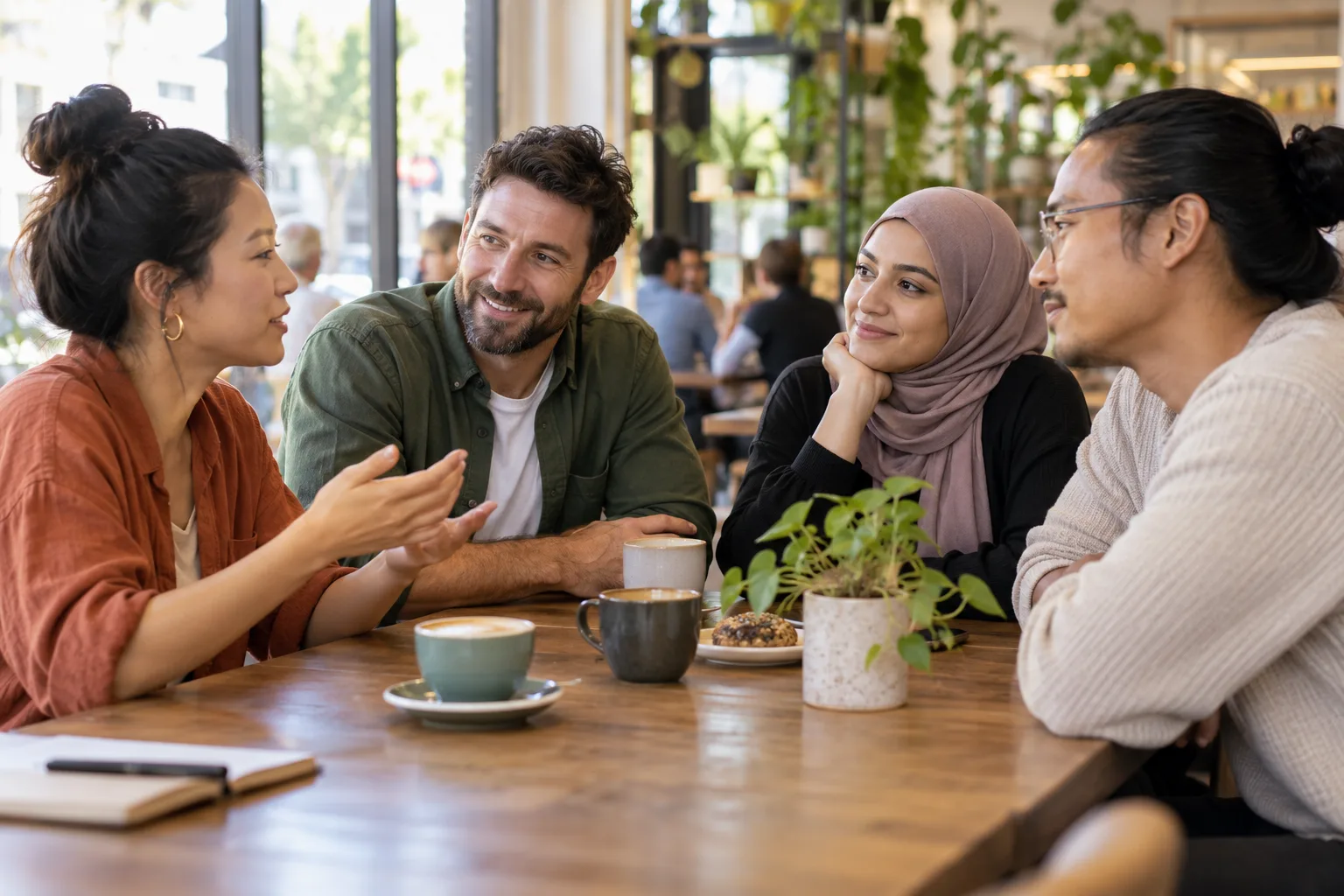 Four adults listening to each other during a relaxed conversation around a café table