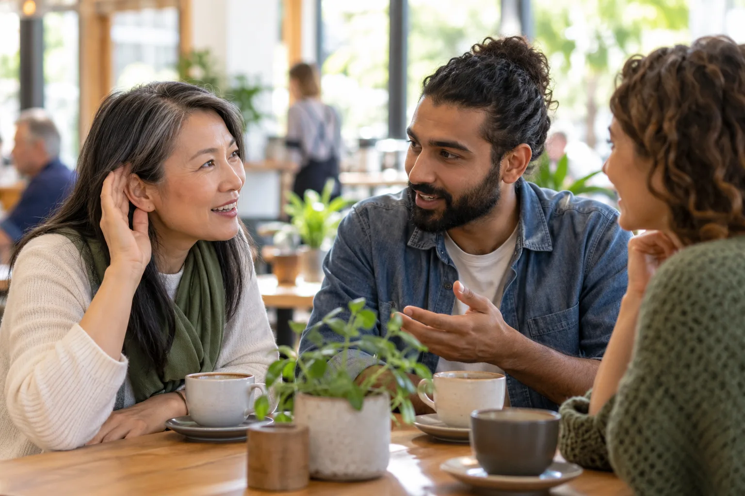 Three adults calmly clarifying part of a conversation at a café table